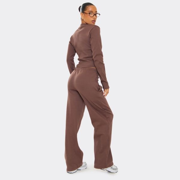 EGO Mid Rise Wide Leg Trousers In Chocolate Brown Ribbed, Women's Size UK 6 - 2