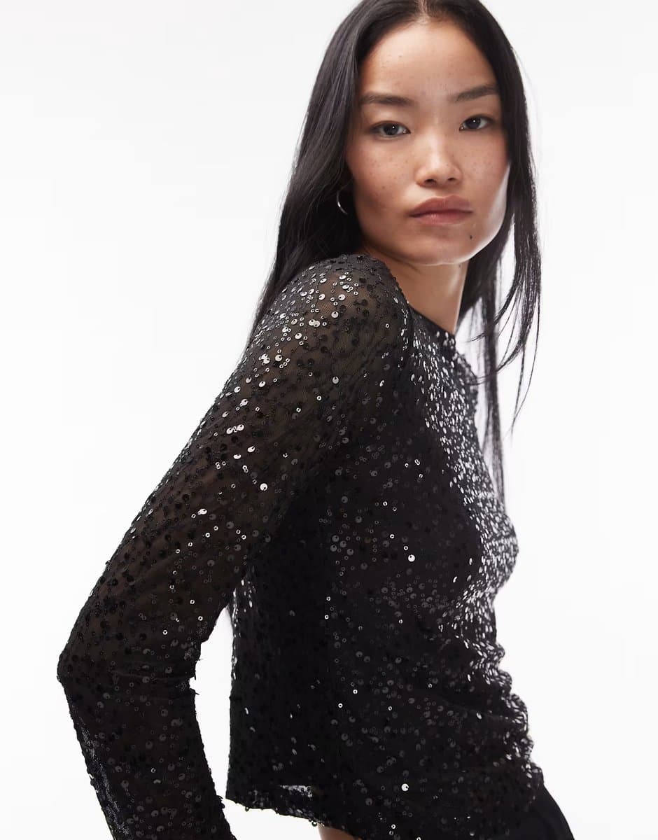 ASOS ASOS DESIGN wiggle sequin sheer mesh long sleeve top in black