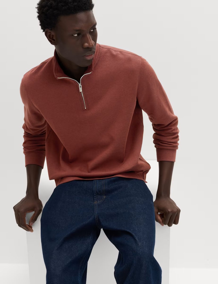 Marks & Spencer M&S Cotton Rich Double Knit Half Zip Sweatshirt Paprika - 3