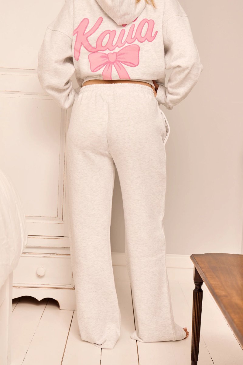 Kaiia Kaiia Bow Graphic Wide Leg Joggers Light Grey Marl & Pink - 4