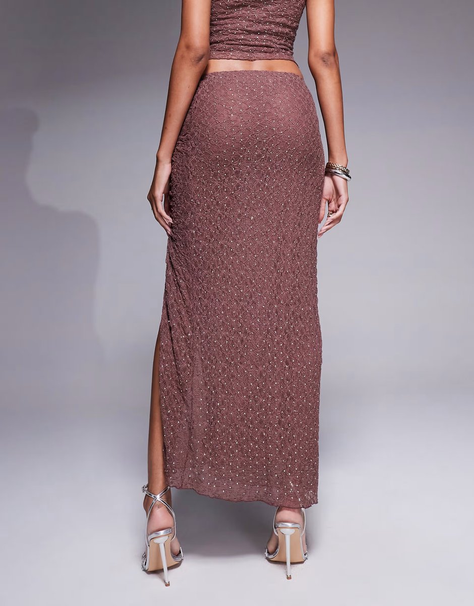 ASOS ASOS DESIGN co-ord hotfix lace ruched maxi skirt in chocolate - 2