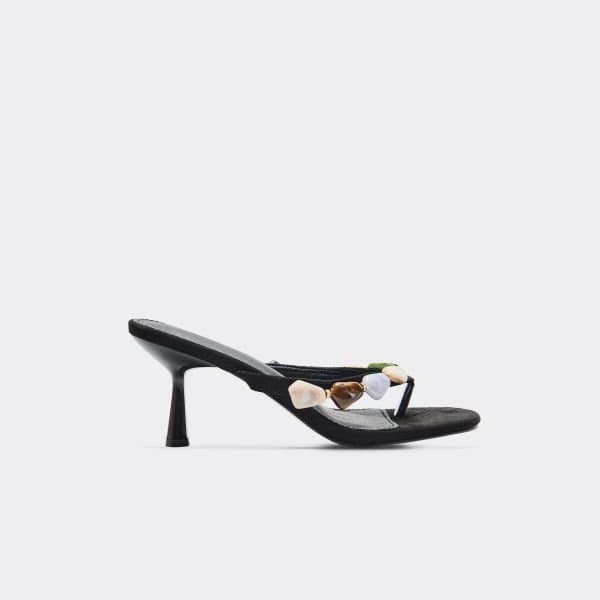 EGO Barrett Gem Thong Strap Heeled Mule In Black Faux Suede, Women's Size UK 3