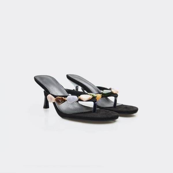 EGO Barrett Gem Thong Strap Heeled Mule In Black Faux Suede, Women's Size UK 3 - 2