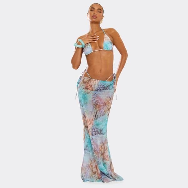 EGO Low Rise Functional Tie Detail Maxi Skirt In Blue Abstract Print, Women's Size UK 6