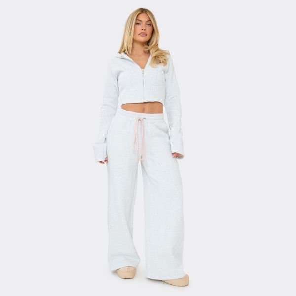 EGO Low Rise Contrast Drawstring Wide Leg Joggers In Light Grey Marl, Women's Size UK 6