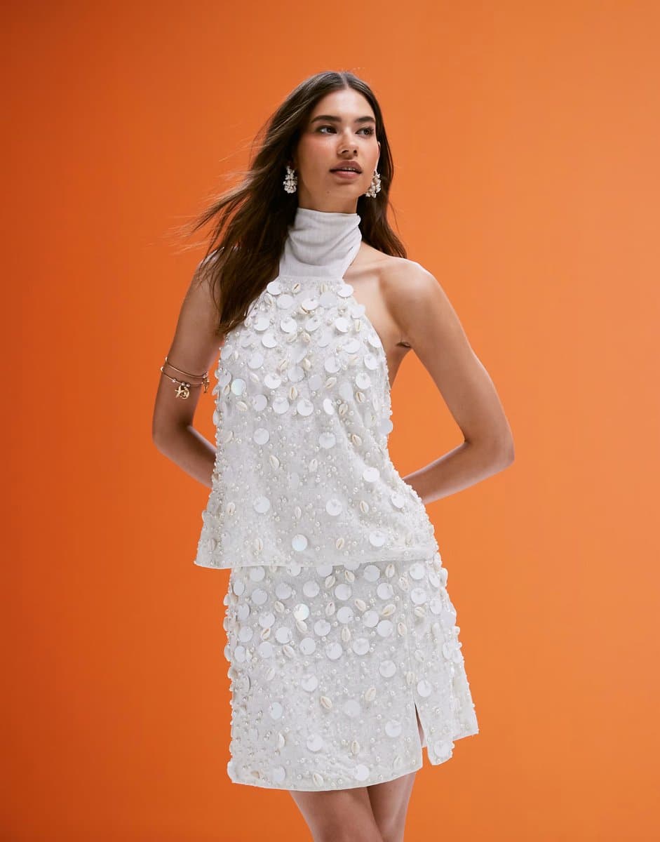 ASOS ASOS DESIGN co-ord linen blend halter top with faux shell and sequin embellisment in cream