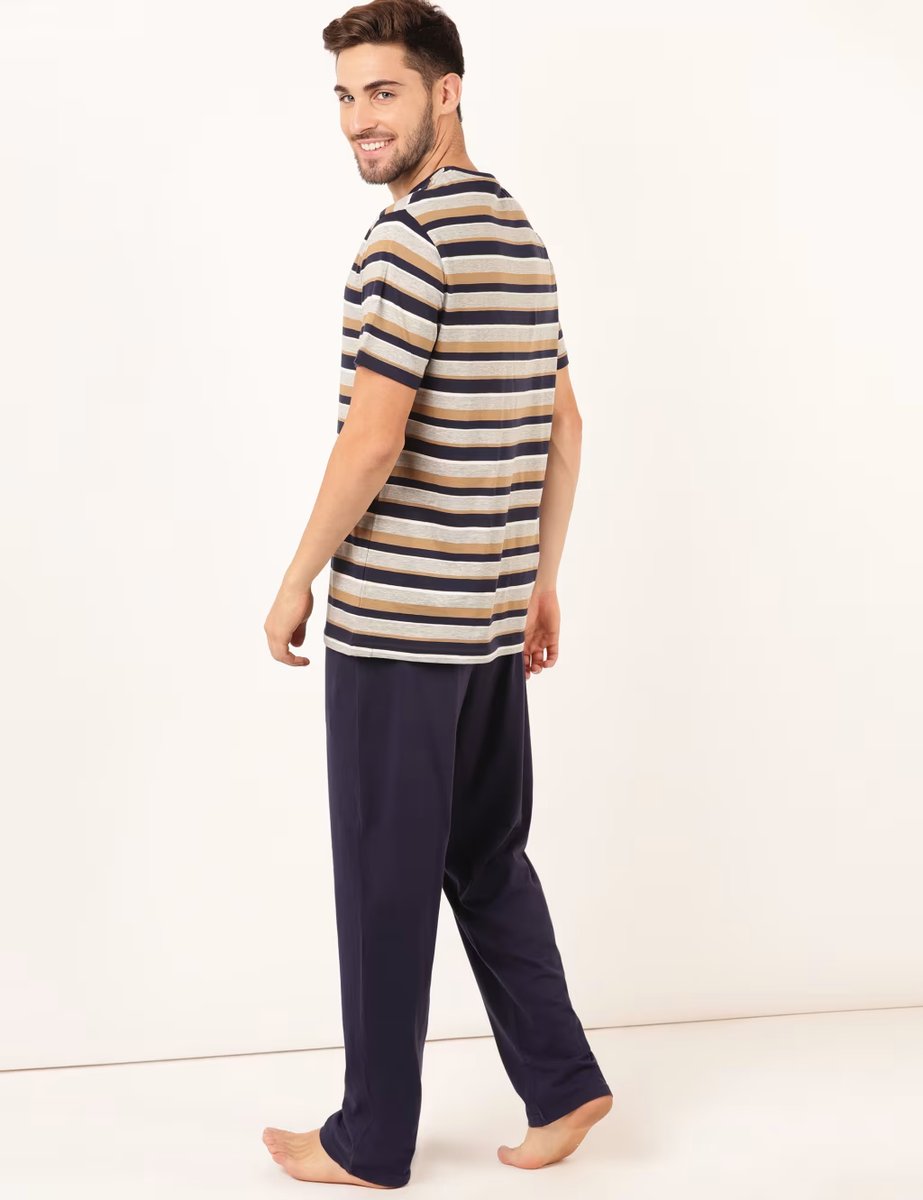 Marks & Spencer M&S Pure Cotton Multi Stripe Pyjama Set Navy Mix - 2