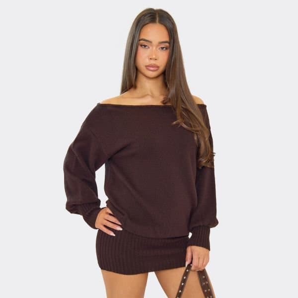 EGO Long Sleeve Off The Shoulder Mini Dress In Chocolate Brown, Women's Size UK Large L