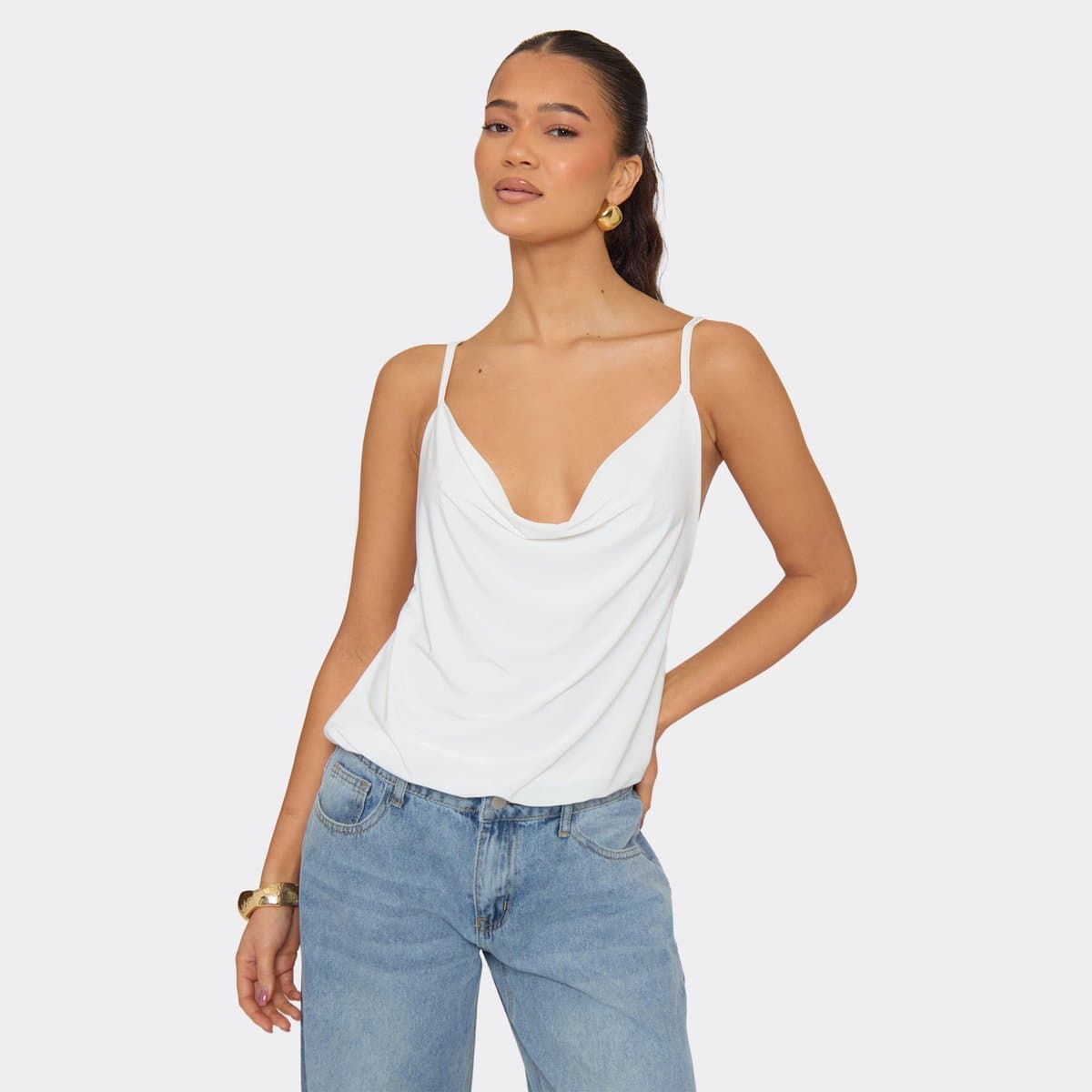 EGO Cowl Neck Trim Back Detail Top In White Slinky, Women's Size UK 6