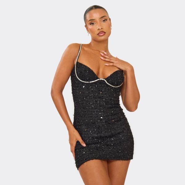 EGO Strappy Embellished Trim Detail Mini Dress In Black Textured Sequin, Women's Size UK 6 - 2
