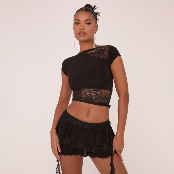 EGO Low Rise Lace Detail Frilly Mini Skirt In Black Slinky, Women's Size UK 8 - 2