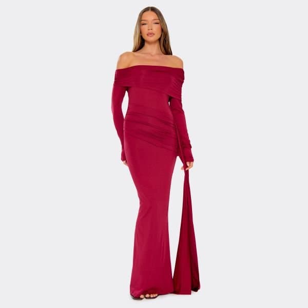 EGO Long Sleeve Asymmetric Bardot Drape Front Maxi Dress In Burgundy Slinky, Women's Size UK Small S