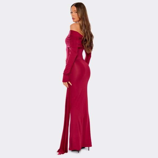 EGO Long Sleeve Asymmetric Bardot Drape Front Maxi Dress In Burgundy Slinky, Women's Size UK Small S - 2
