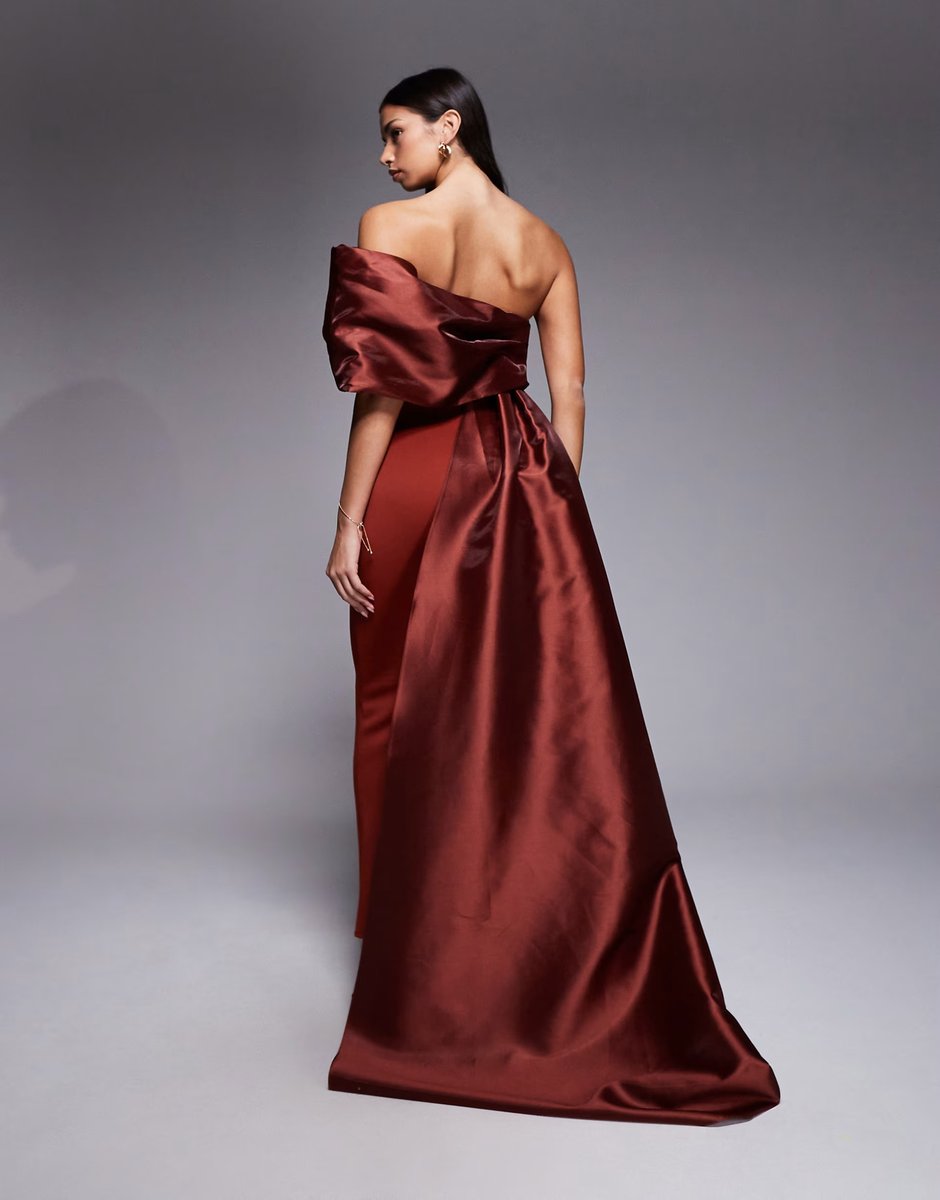 ASOS ASOS DESIGN Premium one shoulder draped maxi dress with contrast satin train in rust scuba-style fabric - 3