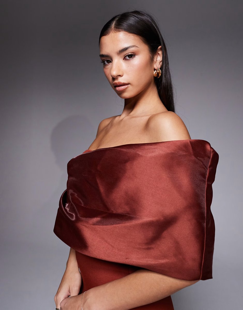 ASOS ASOS DESIGN Premium one shoulder draped maxi dress with contrast satin train in rust scuba-style fabric - 4