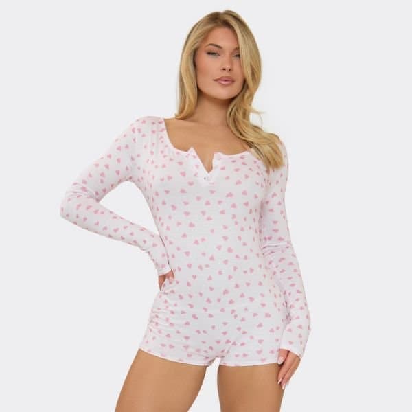 EGO Long Sleeve Button Front Romper In Pink Heart Print, Women's Size UK 6