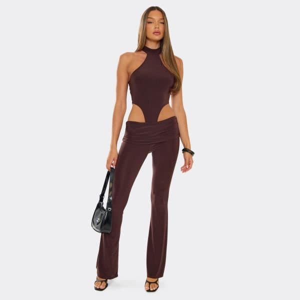 EGO Low Rise Ruched Fold Over Flared Leg Trousers In Chocolate Brown, Women's Size UK 10