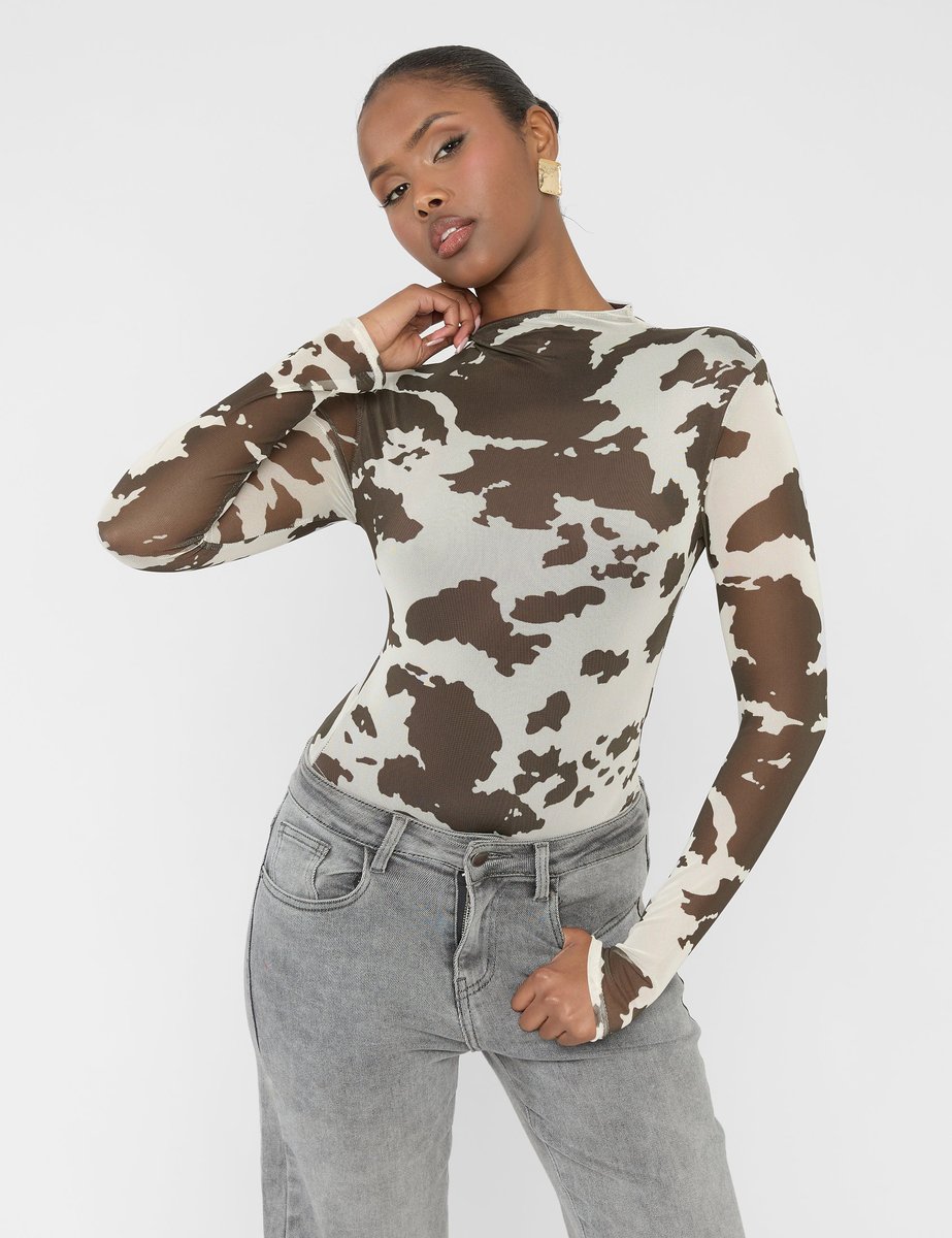 Public Desire Long Sleeve High Neck Bodysuit Cow Print - 3