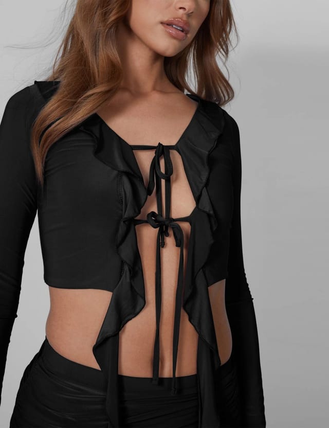 Public Desire Frill Detail Tie Front Cardigan Top Black - 2