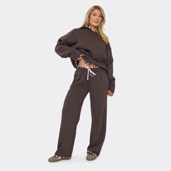 EGO Low Rise Drawstring Contrast Lace Up Detail Wide Leg Joggers In Chocolate Brown, Women's Size UK 6