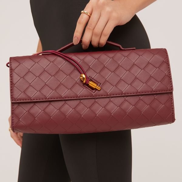 EGO Tori Woven Detail Rectangle Shaped Clutch Bag In Burgundy Faux Leather, Women's Size UK One Size - 1