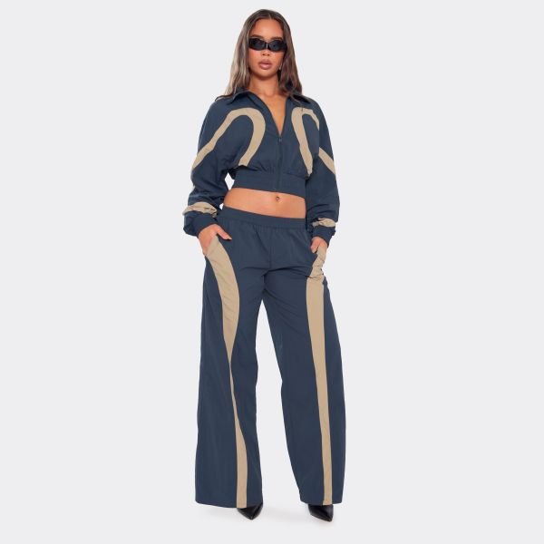 EGO Long Sleeve Cinched Waist Contrast Panel Jacket In Navy Shell, Women's Size UK 6 - 2
