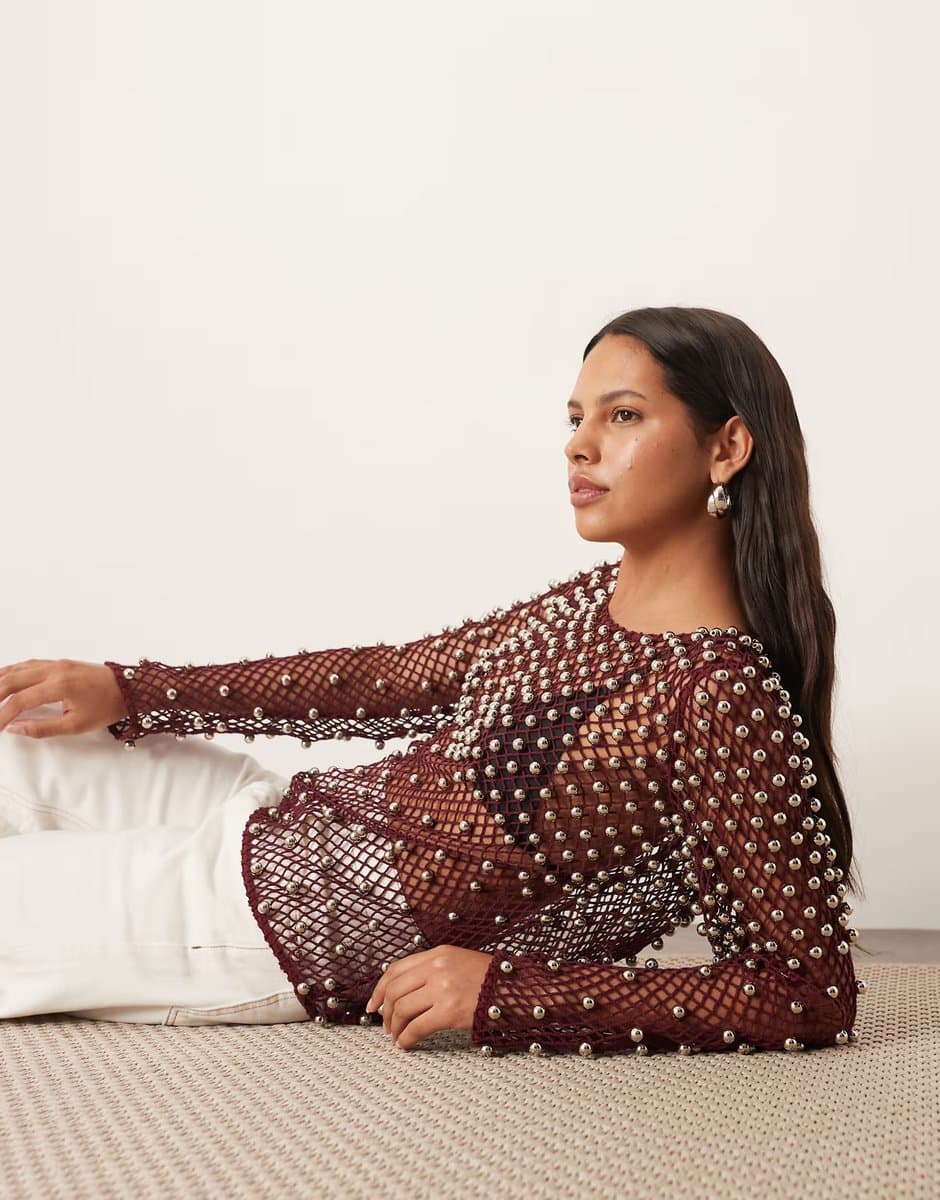 ASOS ARRANGE embellished mesh long sleeve top in dusky pink