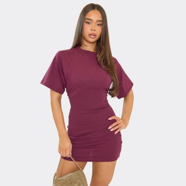 EGO Short Sleeve Cinched Waist Underbust Seam Detail T-Shirt Dress In Plum, Women's Size UK 6