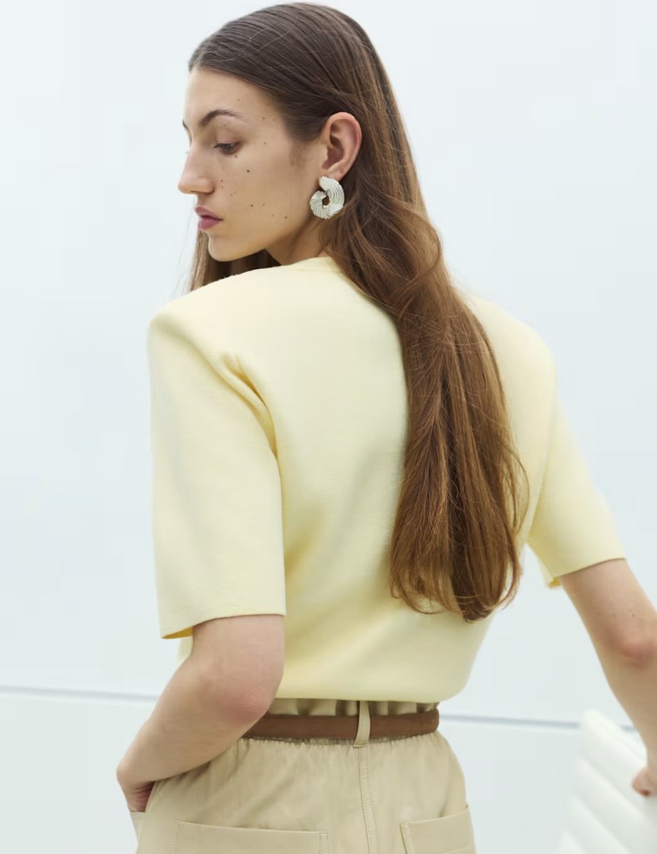 Marks & Spencer M&S Shoulder Pad Knitted Top with Wool Pale Straw - 3