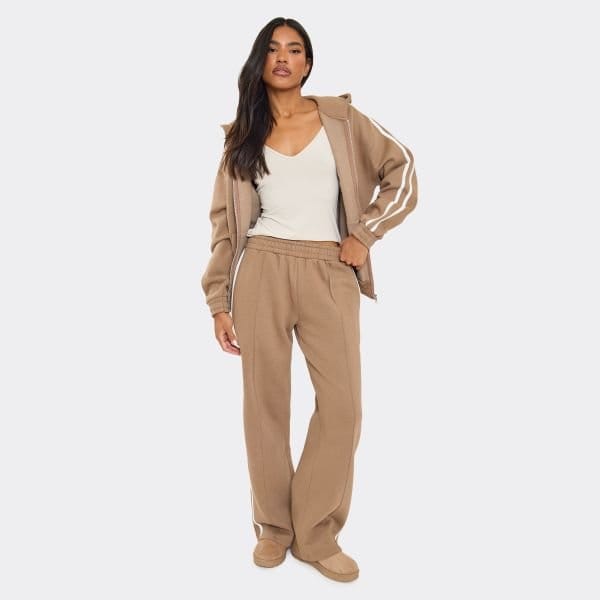EGO Oversized Mid Rise Contrast Stripe Straight Leg Joggers In Mocha Brown, Women's Size UK 6 - 1
