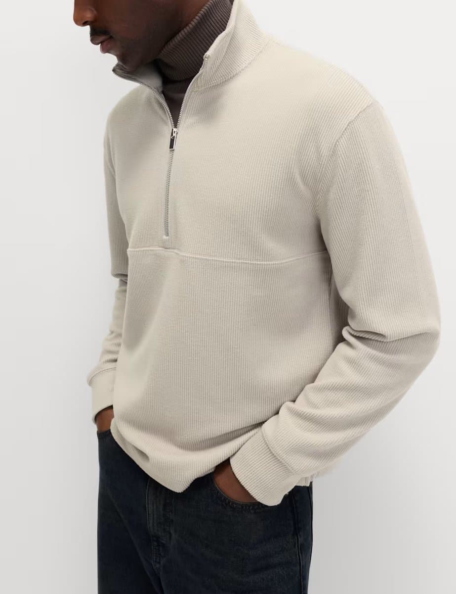 Marks & Spencer M&S Cotton Rich Textured Half Zip Sweatshirt Natural