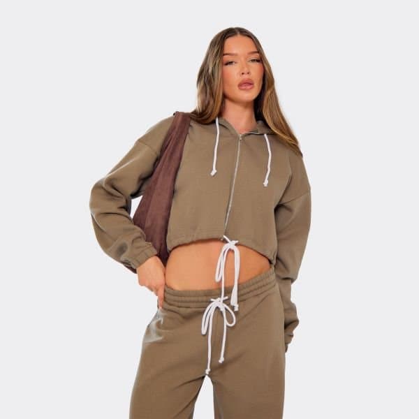 EGO Contrast Drawstring Zip Up Cropped Hoodie In Khaki Green, Women's Size UK 6