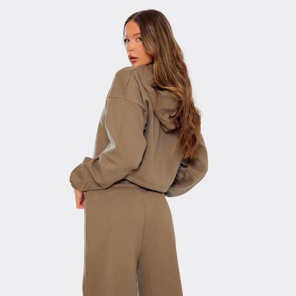 EGO Contrast Drawstring Zip Up Cropped Hoodie In Khaki Green, Women's Size UK 6 - 2