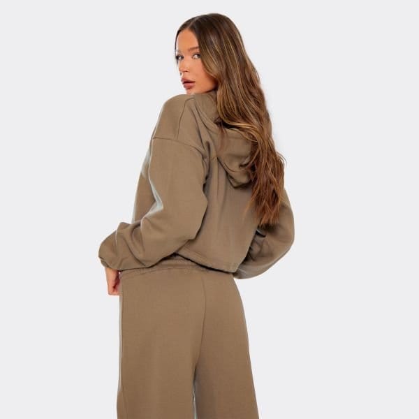 EGO Contrast Drawstring Zip Up Cropped Hoodie In Khaki Green, Women's Size UK 6 - 2