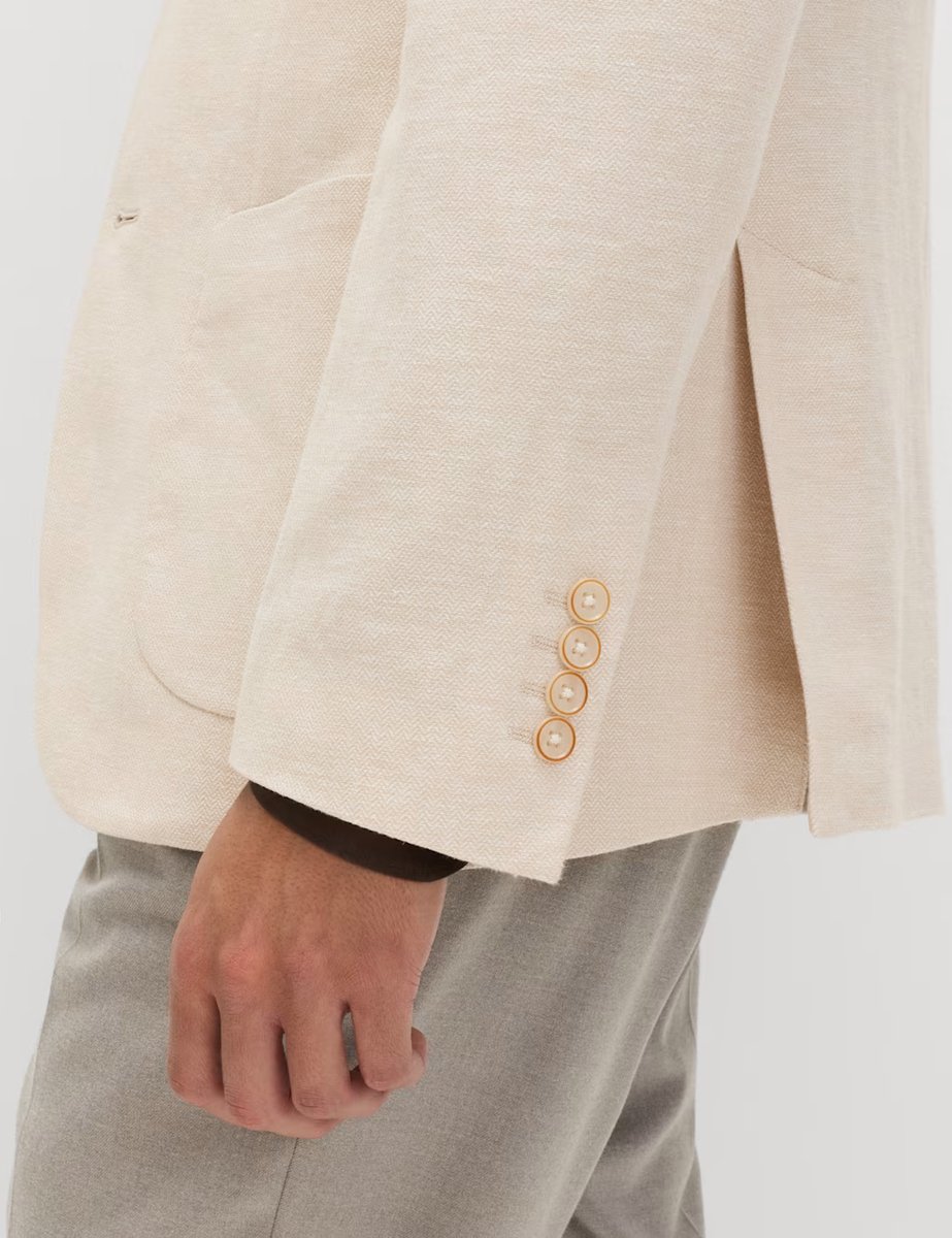 Marks & Spencer M&S Tailored Fit Linen Cotton Blend Herringbone Blazer Beige - 3