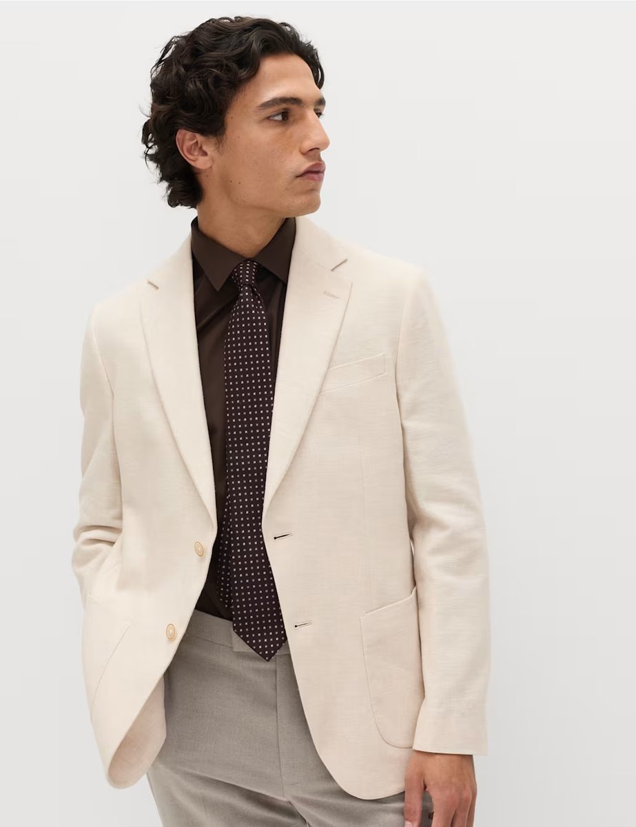 Marks & Spencer M&S Tailored Fit Linen Cotton Blend Herringbone Blazer Beige - 4