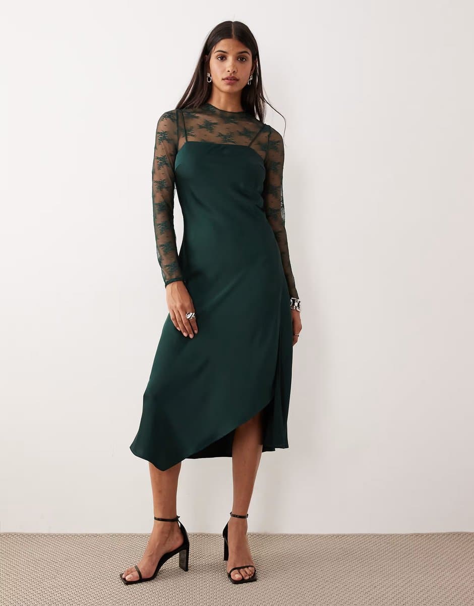ASOS YAS hybrid high neck lace top and satin slip dress in dark green