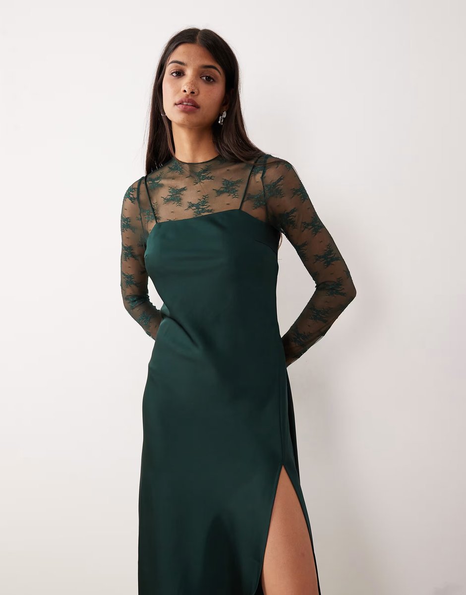 ASOS YAS hybrid high neck lace top and satin slip dress in dark green - 2
