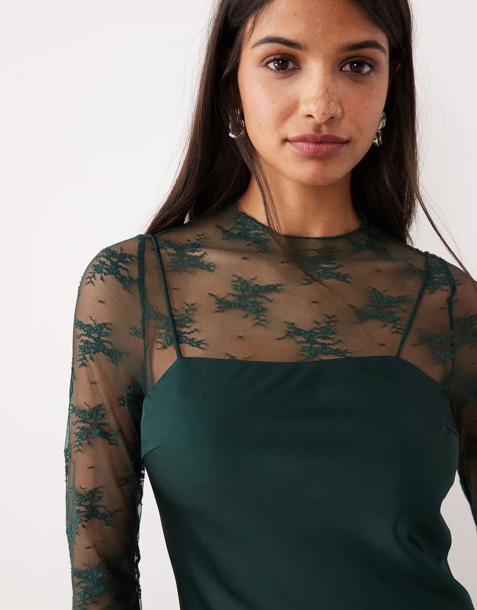 ASOS YAS hybrid high neck lace top and satin slip dress in dark green - 3