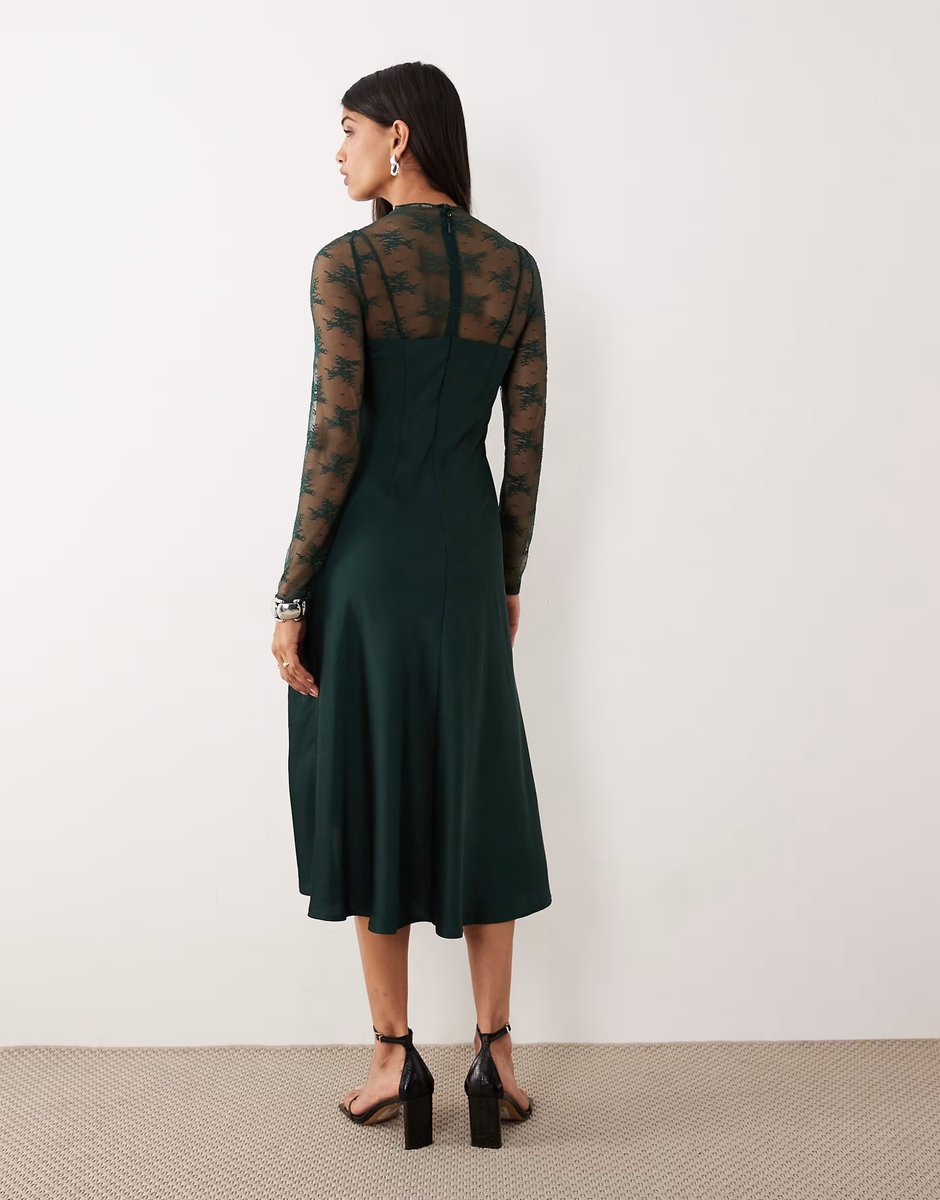 ASOS YAS hybrid high neck lace top and satin slip dress in dark green - 4