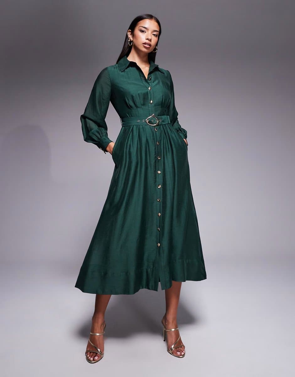 ASOS Forever New seam detail belted shirt midi dress in dark green