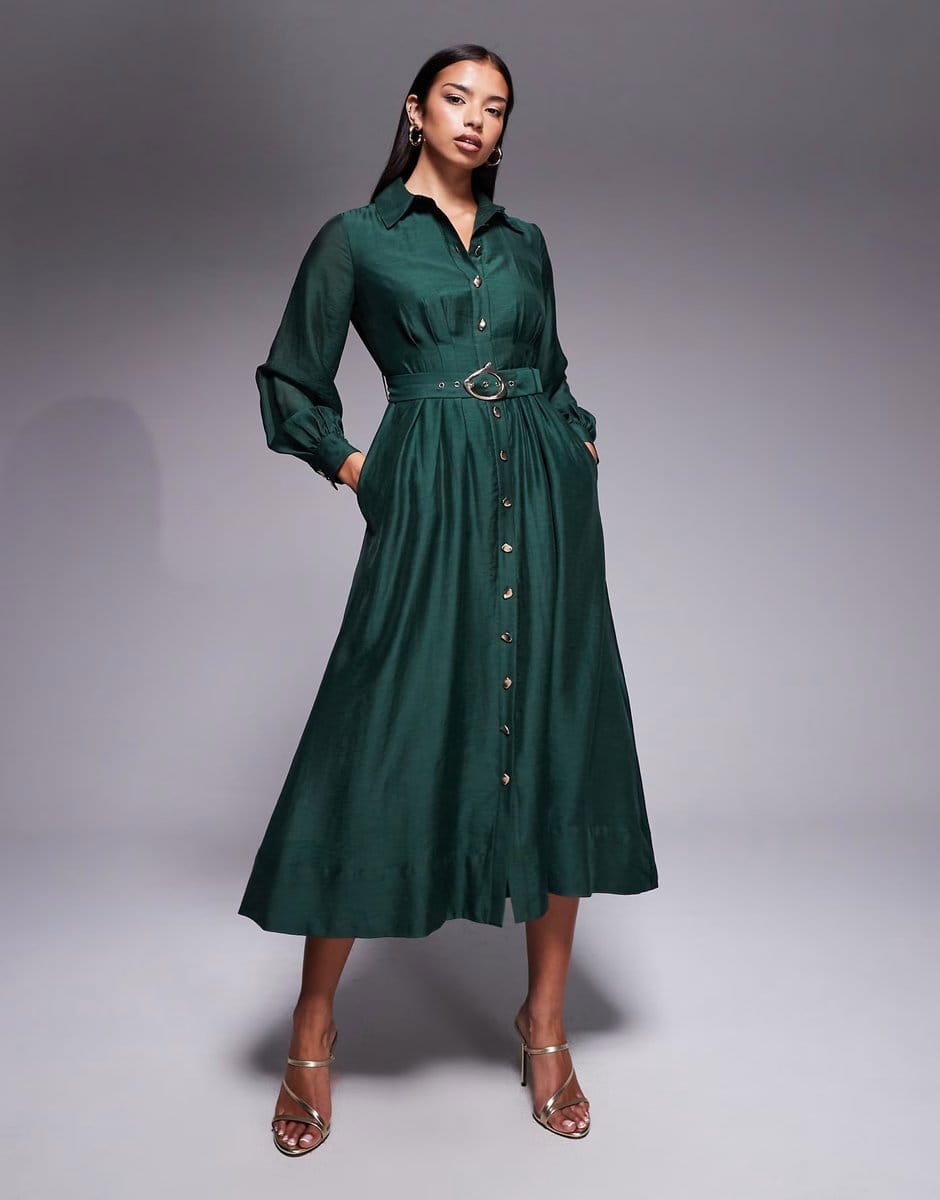 ASOS Forever New seam detail belted shirt midi dress in dark green - 1