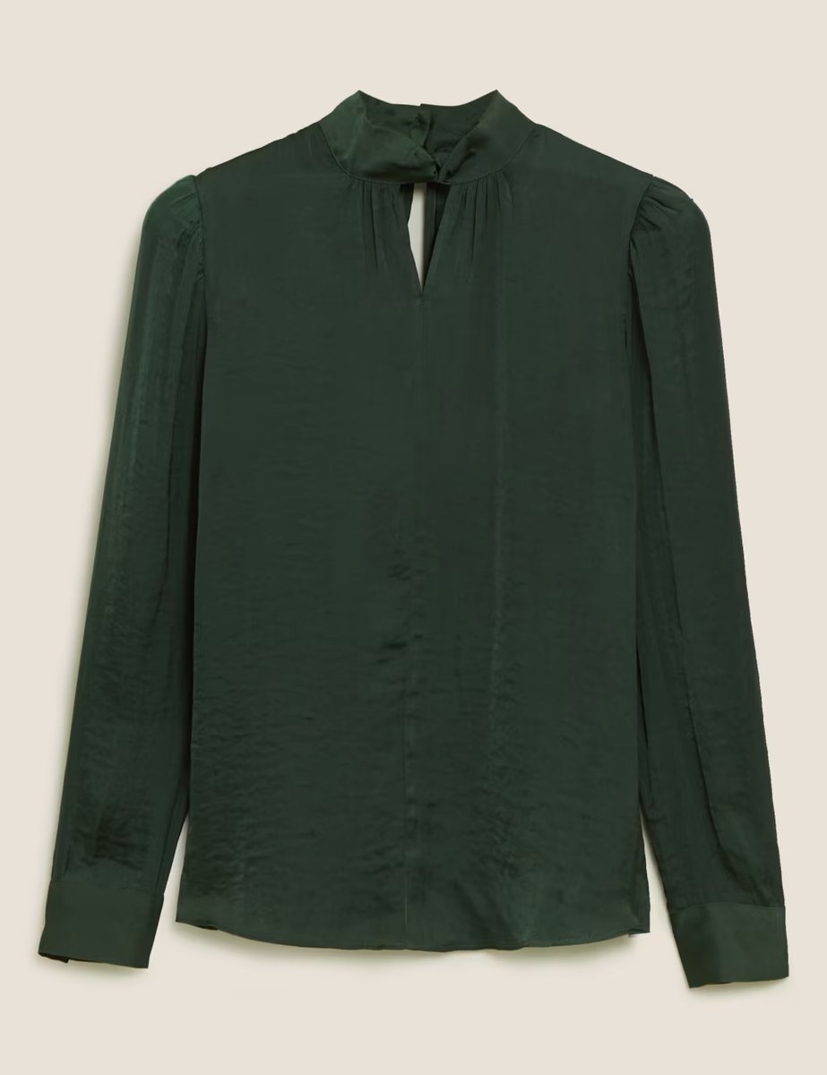 Marks & Spencer M&S Satin High Neck Long Sleeve Blouse Emerald - 2