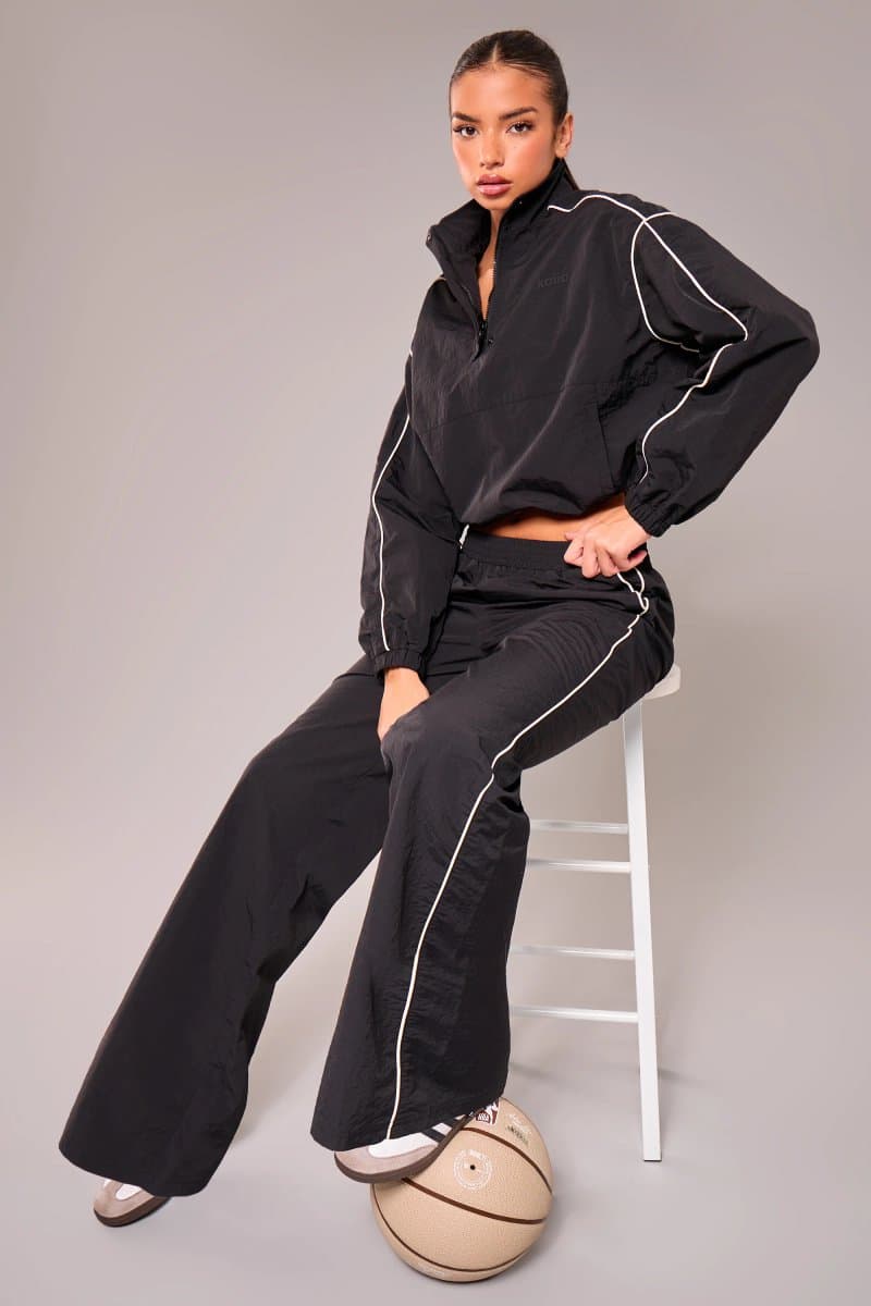 Kaiia Kaiia Contrast Piping Wide Leg Trousers Black
