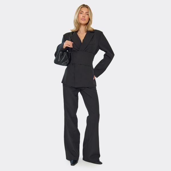 EGO Mid Rise Tailored Wide Leg Trousers In Black, Women's Size UK 6 - 2