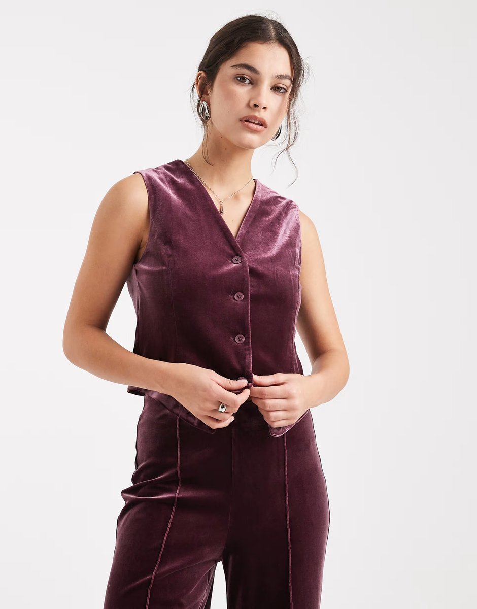 ASOS Vero Moda velvet waistcoat and wide leg trouser co-ord in burgundy - 2