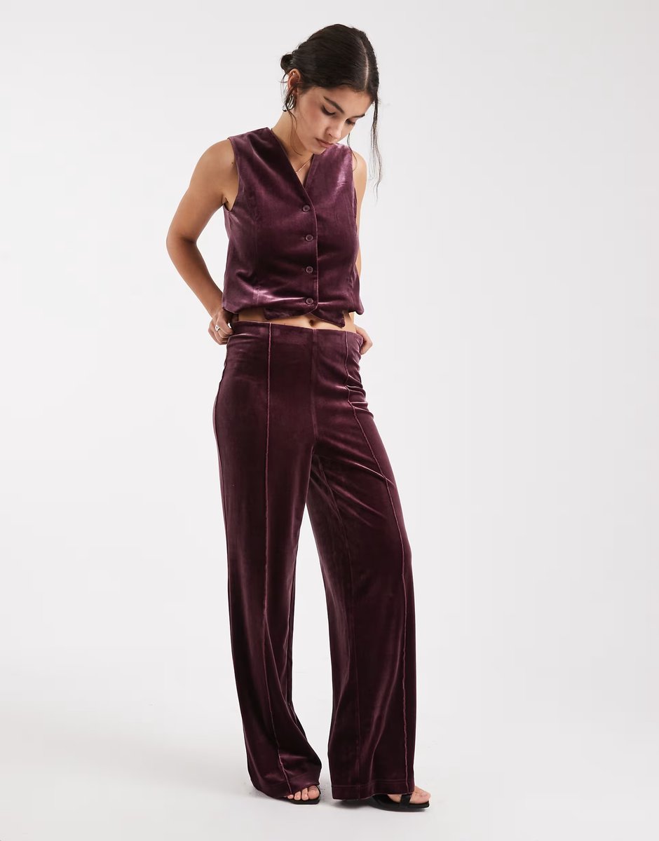 ASOS Vero Moda velvet waistcoat and wide leg trouser co-ord in burgundy - 3