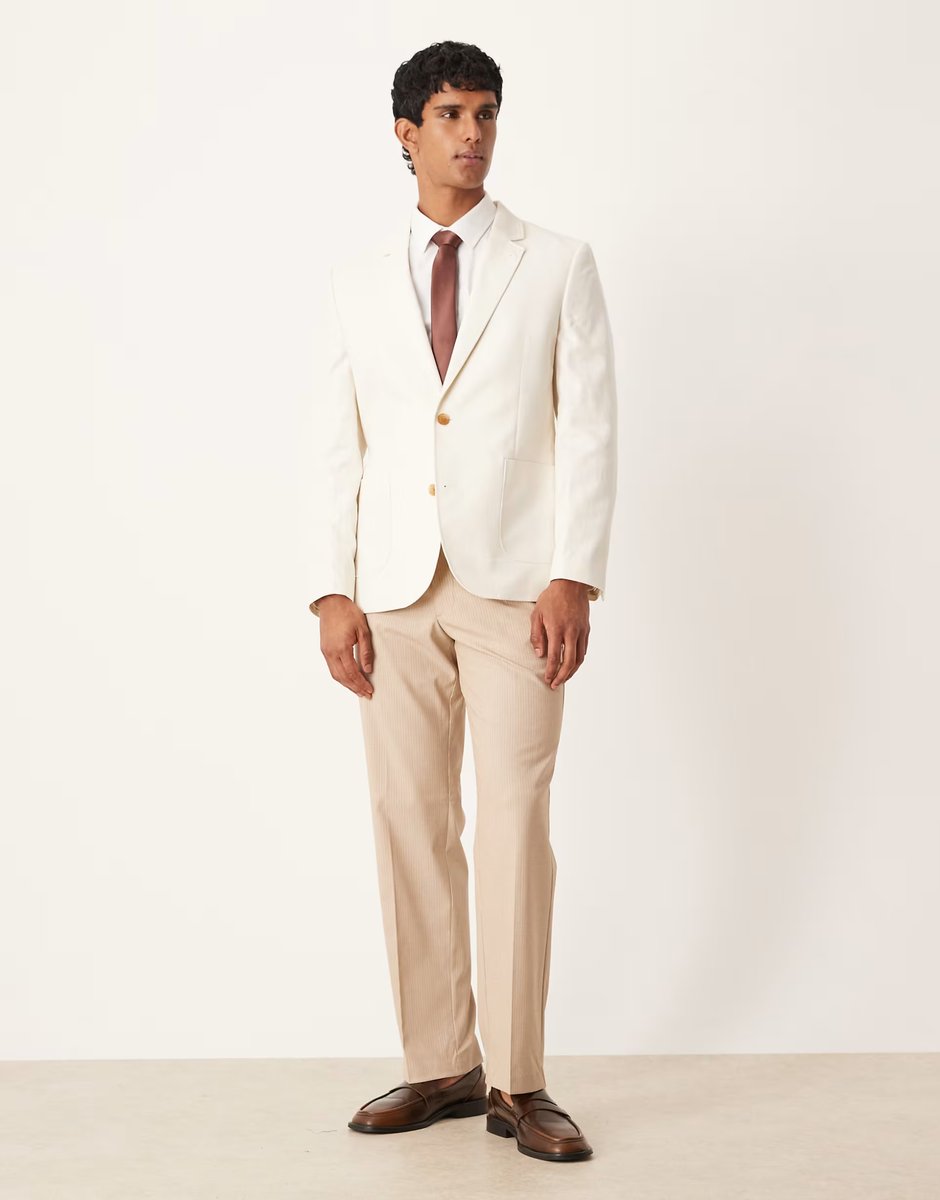 ASOS ASOS DESIGN slim cotton linen blend blazer in ecru - 3