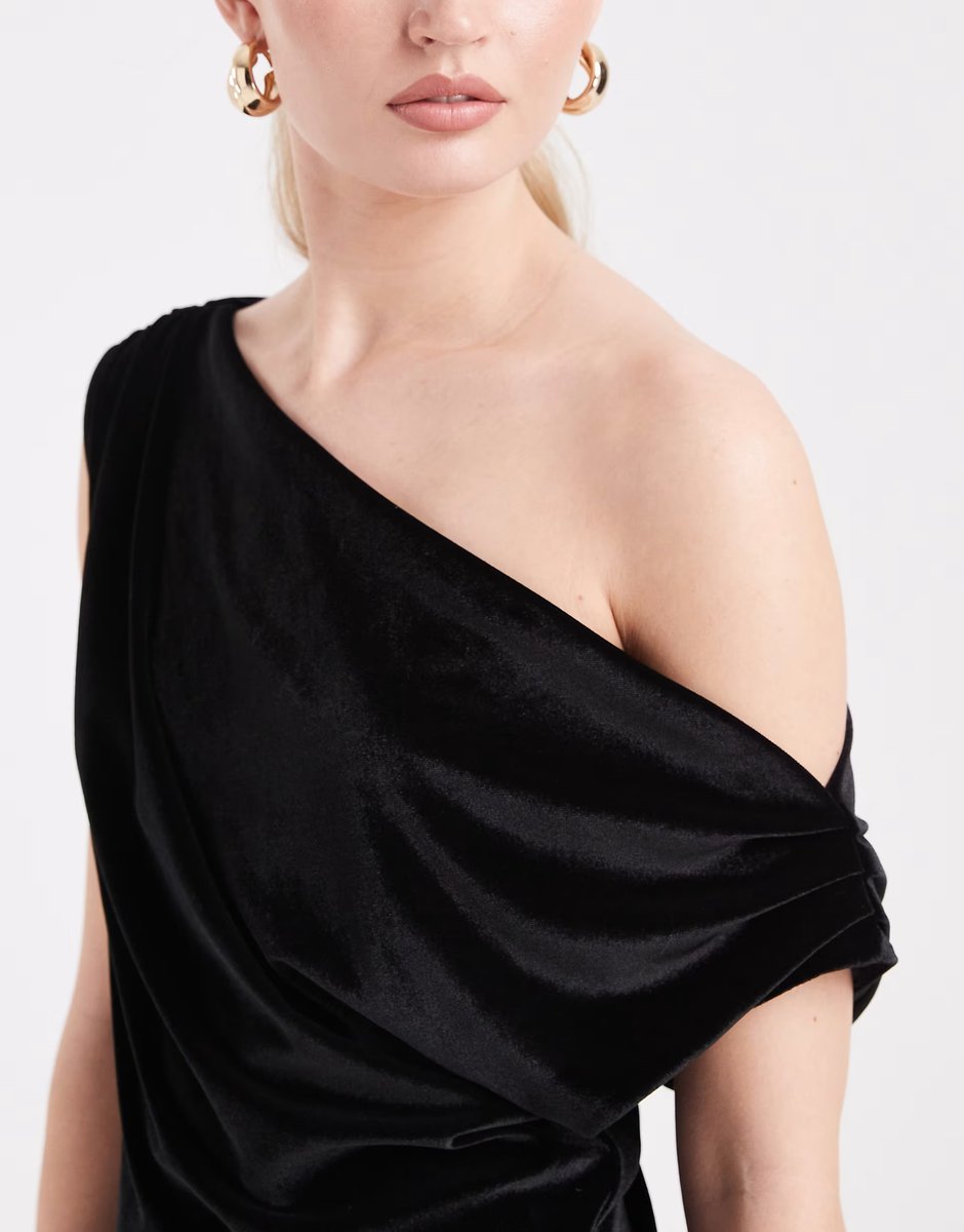 ASOS ASOS DESIGN velvet drape one shoulder mini dress in black - 3