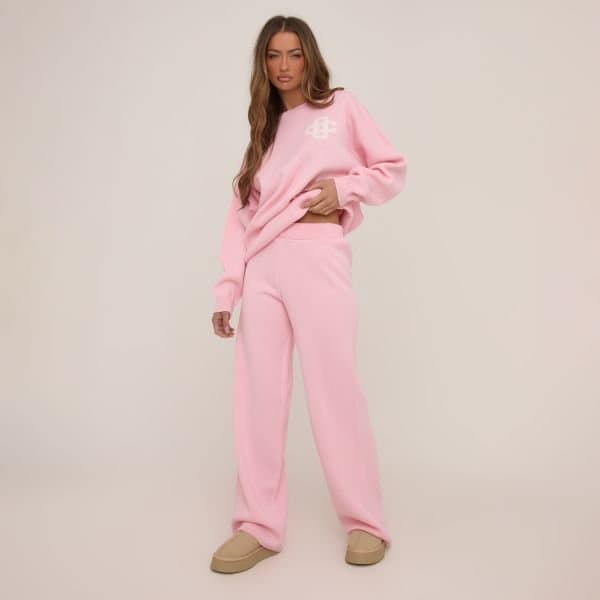 EGO High Waist Wide Leg Joggers In Pink Knit, Women's Size UK Large L